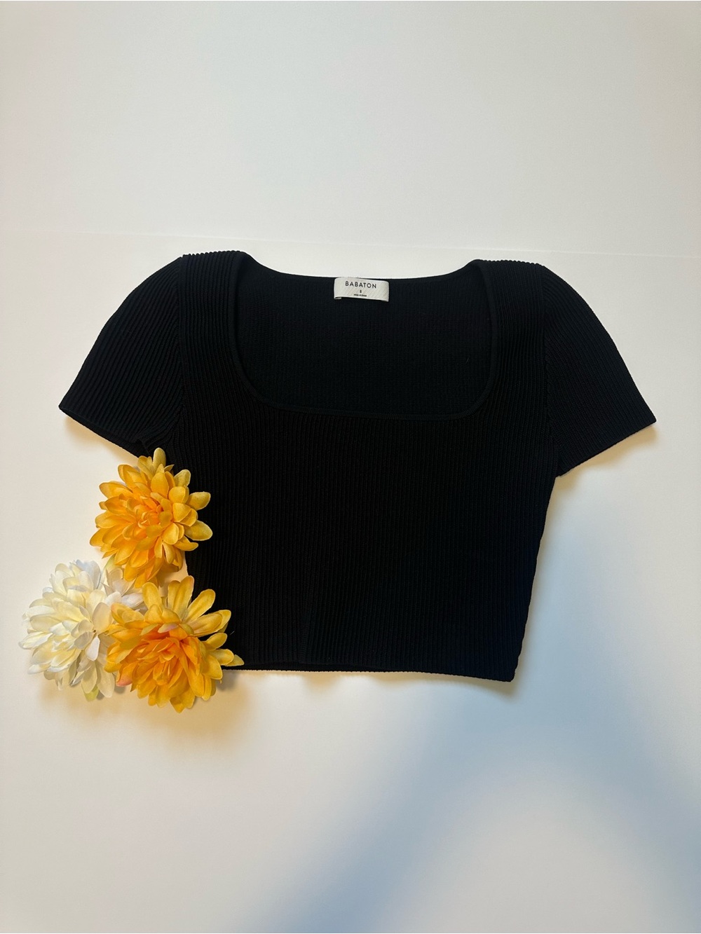 Babaton Black Ribbed Square-Neck Short Sleeve Crop Top